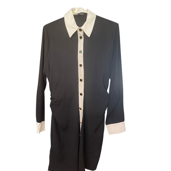 ZARA Black White Ruched Long Sleeve Dress – Gold Buttons – Size L – NWT - Picture 2 of 10
